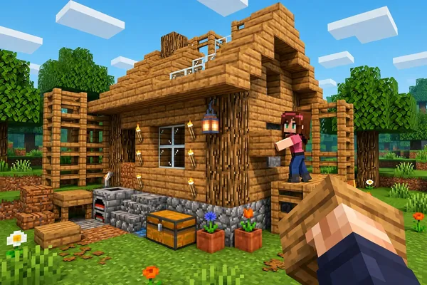 Jenny standing inside a house or garden built by the player