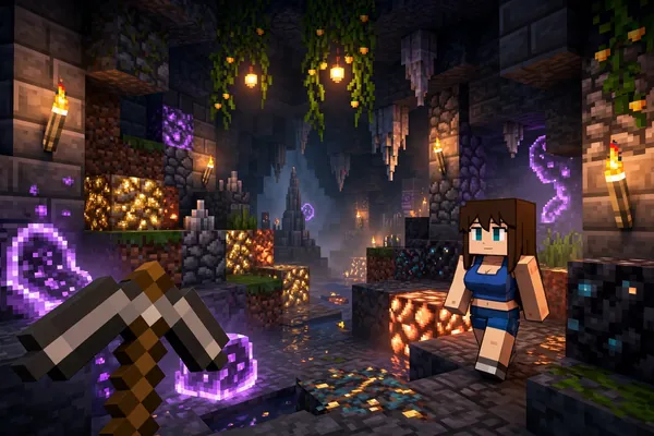 Jenny with the player inside a torch-lit cave