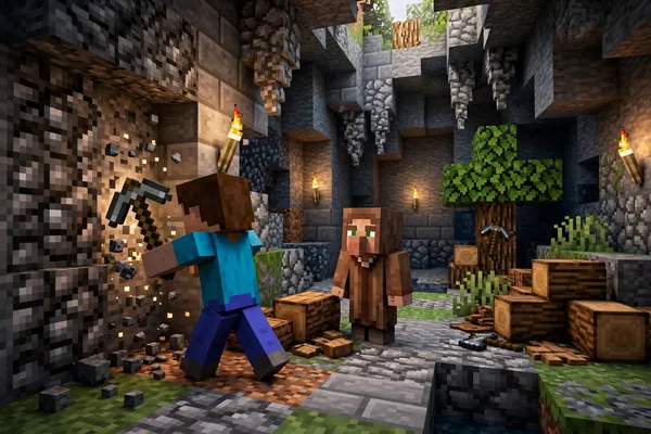 Jenny beside the player chopping trees or mining