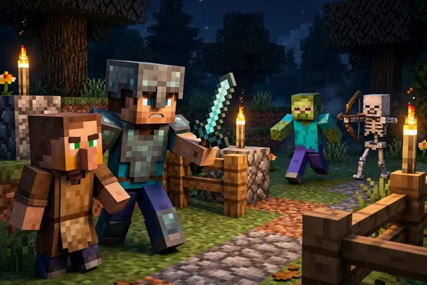 Jenny and the player facing zombies or skeletons at night